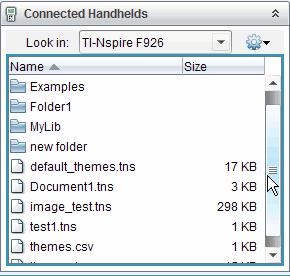 4. In the Computer pane, navigate to the folder in which you want to save the files. 5. In the Connected Handhelds pane, double-click the handheld name to view the folders and files on the handheld.