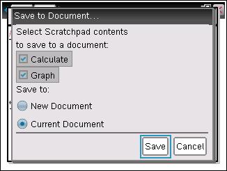 The Save to Document dialogue box opens. 3. Select the page or pages to save. 4. If a document is open, select either New or Current document. 5. Click Save.