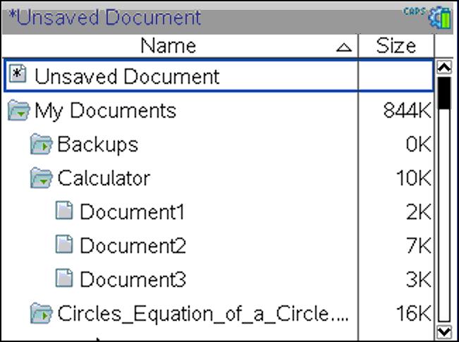 Press c 2. Note: If you are working in a page, press / /. The My Documents screen opens, displaying all folders and files on the handheld. To sort columns by name or size, click that column head.