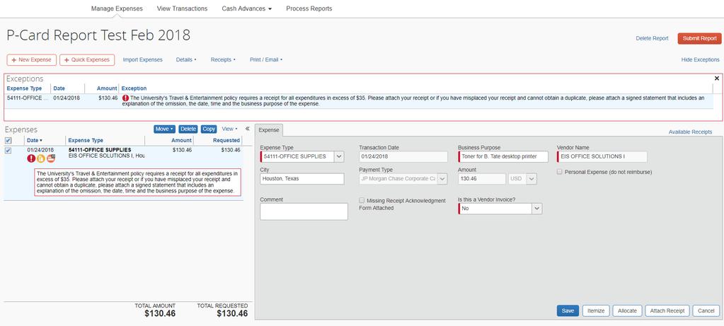 Click the Save button. Your expense line now appears in the left hand side of the report screen. NOTE that an expense line box must be checked in order to see the expense details on the right side.