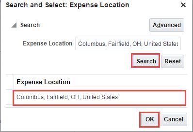 Note: Page appearance will vary based on type of expense you are entering. 7. Type in the location and click Search.