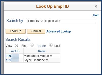 4. If you are entering an expense report for another employee: a. Click on the (magnifying glass) to see a list of employees for whom you are authorized. b. Click on the desired Employee ID. c.