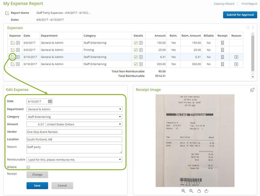 Expense Report Review & Edits Step 4: In the Edit Expense section, make edits to the expense data as needed.