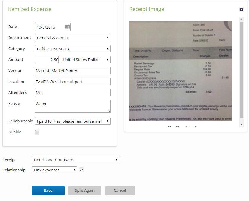 Expense Report Review & Edits The receipt image attached to the original expense will also be attached to all of the split expenses.