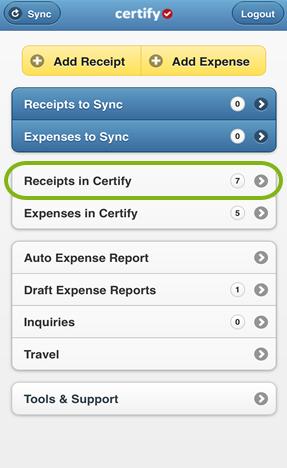 Submitting Receipts and Expenses Step 2: A list of the receipts stored