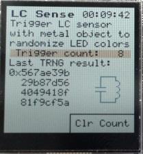 On this screen, LESENSE is monitoring the LC sensor on the bottom right of the kit. When it senses closeness of metal, the TRNG is used to generate a new color for the LEDs.