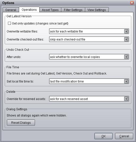 Getting the Latest Version of a File Asset 3. Select the options you want and click OK. The following table describes options that govern how file and folder content is chosen for a Get Latest action.