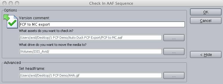 In the Interplay Access folder tree, right-click the folder into which you want to store the Final Cut Pro sequence and select Check In AAF Sequence. 4.