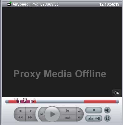 Monitor Controls marked in red on the timeline. If you play these parts of the clip, the text Proxy Media Offline is displayed in the Monitor.