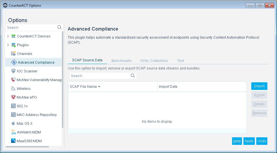 Import SCAP Content For each profile imported to the CounterACT Advanced Compliance Module, one Profile Score Property and one Rule Results Property are automatically added to the list of available