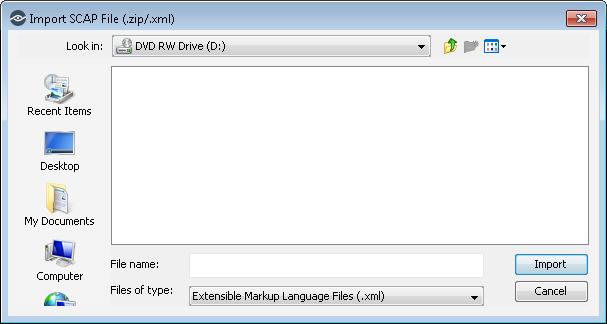 To import an SCAP source data stream, bundle, or OVAL collection: 1. In the SCAP Source Data tab, select Import. The Import SCAP File dialog box opens. 2.