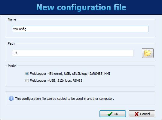 If the chosen option was to create a new configuration, you must specify a file where this configuration will be saved. Besides that, from software version 1.