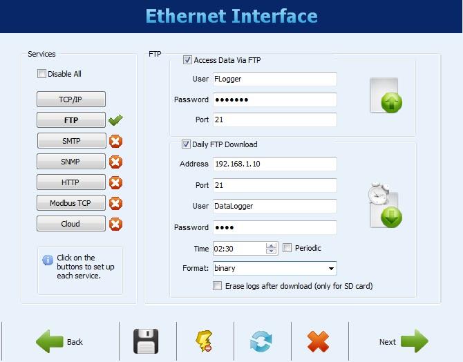 ETHERNET INTERFACE CONFIGURATION FTP The FTP button allows you to configure the options related to the FTP services.