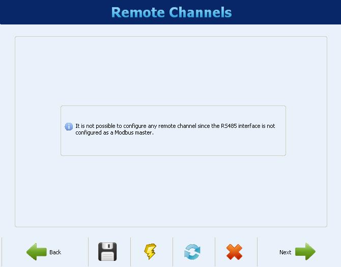 REMOTE CHANNELS CONFIGURATION The configuration of remote channels, made on the next screen, is only available when the RS485 interface has been configured as a Modbus master.