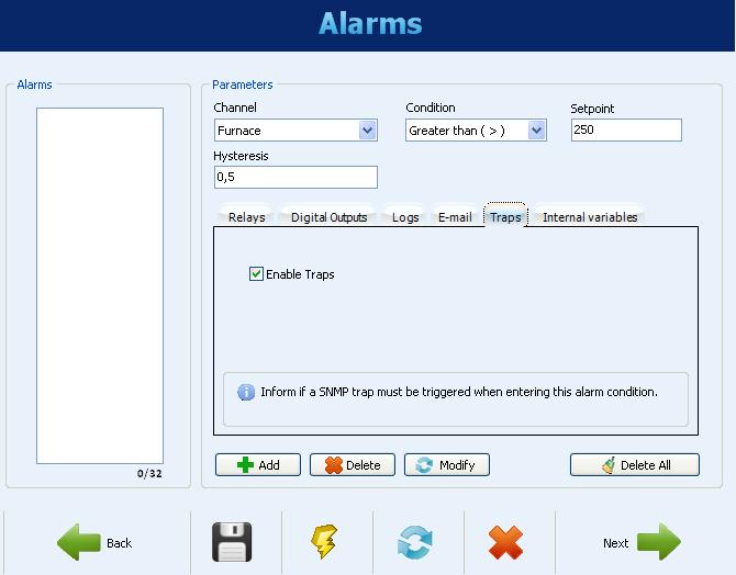 Alarms Configuration - E-mail receivers selection Alarms Configuration -