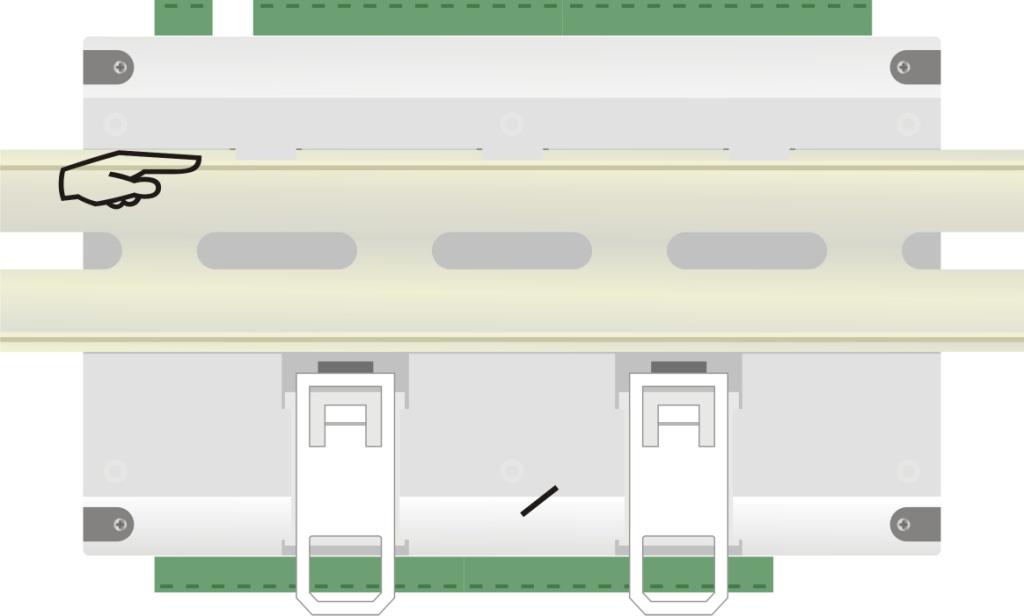 to remove them, as per Fig. 01. Note: If necessary, the connector may be removed for installation of DIN rail. Fig. 01 - DIN rail installation Afterwards, fit the FieldLogger to the rail according to Fig.