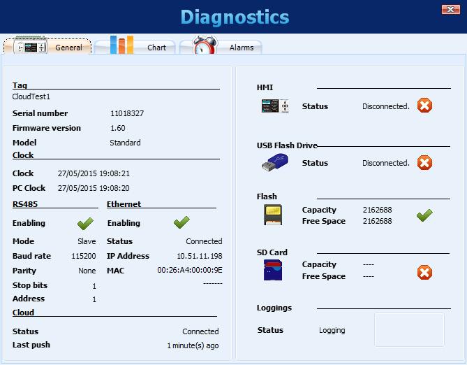 DIAGNOSTICS When you select the Diagnostics, the login screen will appear and you should indicate what type of interface to be used for reading the diagnostics parameters: RS485 (RS485 interface of