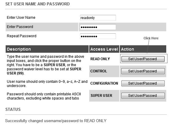Chapter 4 System Configuration and Commissioning 3. After entering the username & password, select the Set User/Password button for each level.
