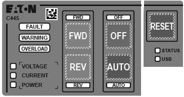 stop the motor. FWD button Button press will put the control in Local and will send a FWD RUN command to the C445 overload to enable the forward output relay (Q1).