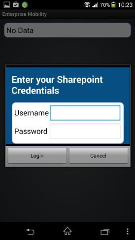4. The device holder is prompted to enter his SharePoint credentials. 5. The application checks the credentials via the server and the SharePoint credentials are stored encrypted.