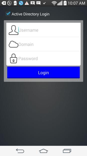 For Android devices: Once the download link is selected, the device holder will be presented with this screen. The user should check the Active Directory Login checkbox.