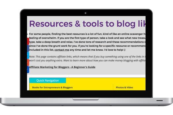 What I like: Linking to relevant content. Chantel gave ME an idea for my resources page as I looked at hers. She links to her guide on "Affiliate Marketing for Bloggers" right at the top of the page.