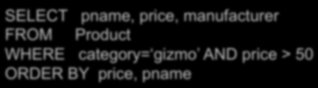 Ordering the Results SELECT pname, price, manufacturer FROM Product WHERE category= gizmo AND price > 50 ORDER BY price, pname Ties are broken by the