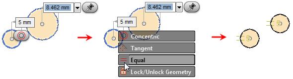 To manually add a geometric constraint to sketch geometry, you select the sketch geometry and then the required geometric constraint from the in-canvas display.
