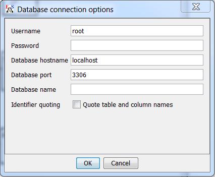 If exporting, the user is prompted for database parameters. 3. Enter database connection options: o o o o o o Username: The username on the database server.