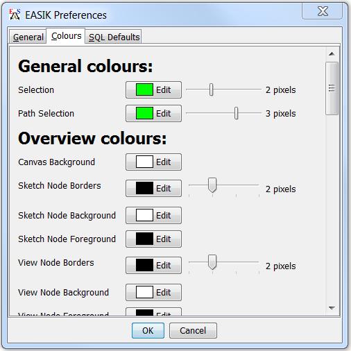 The colours tab allows you to adjust the colours and, in some cases, line widths, used within EASIK for displaying sketches, overviews, and views.