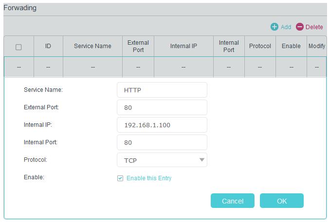Chapter 9 NAT Forwarding 4. Enter the service you want to use in Service Name field. Here we take HTTP as an example. 5.