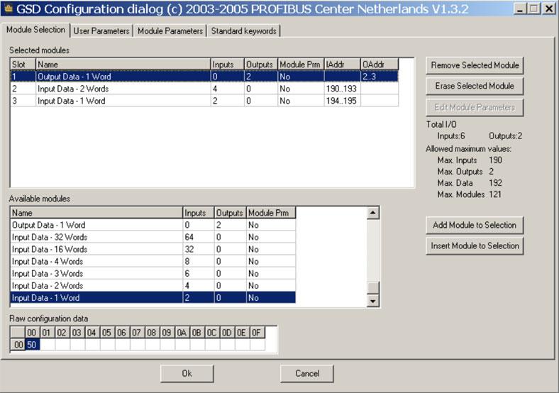 In this example, a total of 3 words of input and 1 word of output polled data has been selected: Figure 4-5: Profibus configuration menu The diagram below shows the input and output data read from