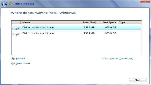 8. Select the drive to install Windows and select