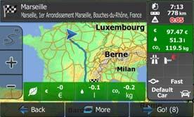 If the selected route planning method is not Green, and you have allowed the application to show the green alternative, the price, fuel consumption and CO 2 emission differences between your selected