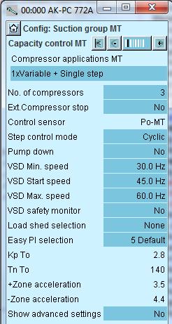 In our example we select the settings: - P0 optimisation - Suction pressure = -10 C The settings are shown here in the display.
