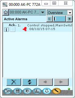 First start of control Check alarms 1. Go to the overview Press the blue overview button with the compressor and condenser at the bottom left of the display. 2.