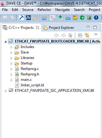 Setup Imported bootloader example After the project import you will find the project for bootloader executable: 1 Utility files to support the flash programming 2 Main.