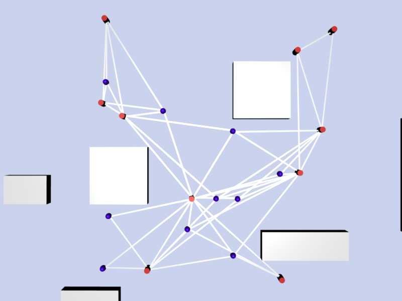 Fig. 19. Sample initial graph and environment with obstacles (Red cylinders are nodes, blue spheres are robots). by adding one robot at each experiment. The results of these experiments (Figure.