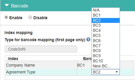 Next, map the Index items in this activity to the barcodes. The index items common to all document types in this activity are listed, with N/A in the Barcode column.