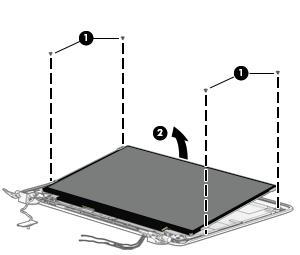 c. Lift the top edge of the display panel (2) and swing it up and forward until it rests upside down in front of the display