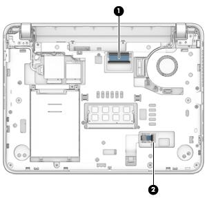 2. Release the ZIF connector (2) to which the TouchPad button board cable is attached, and then