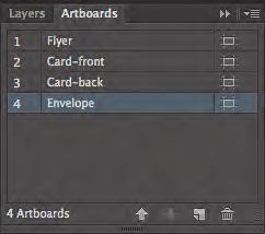 3 Double-click the name Artboard 2 in the panel, and change the name to Card-front. 4 Do the same for the remaining two artboards, changing Artboard 3 to Card-back and Artboard 4 to Envelope.