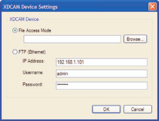 XDCAM Device Settings The XDCAM Device Settings window is used to choose and configure the two methods of importing XDCAM file-based media: Enabling File Access Mode File