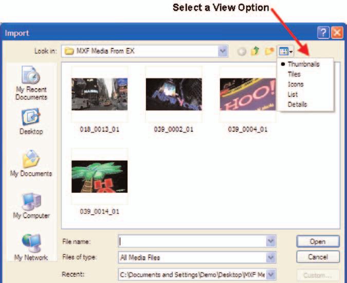 2 Navigate to the folder containing the MXF files.