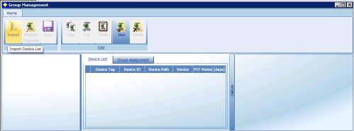 Click [Configuration] menu, and then click [Device List] icon. Figure 5-6 Group Management window 2) On the Ribbon, click [Import]. The Open dialog box appears.