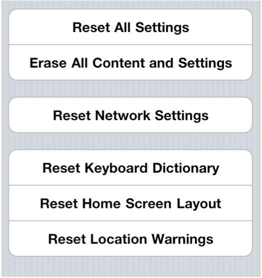 Then touch General in the left column and, finally, scroll all the way to the bottom to touch Reset in the right column.