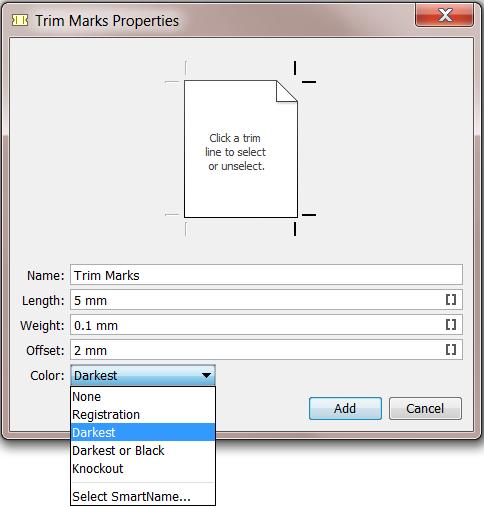 3. Click the trim marks button located adjacent to the four corners around the page image to activate/deactivate the individual marks.