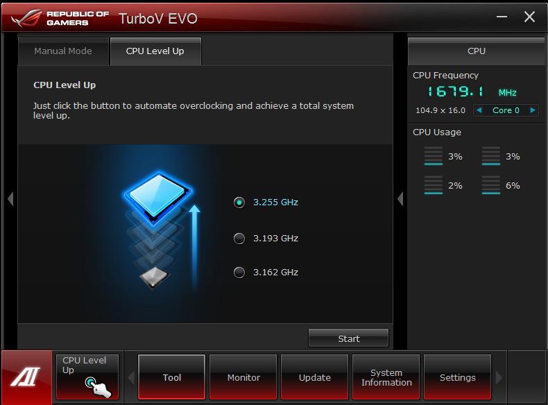CPU Level Up ASUS TurboV EVO provides you with CPU Level Up mode for the most flexible CPU autotuning options.