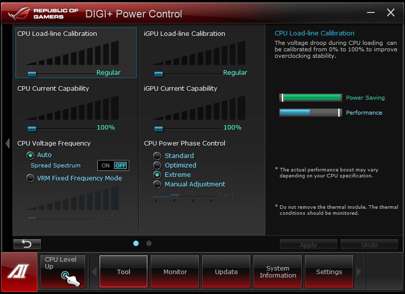 CPU Power Application help Applies all the changes immediately Undoes all the changes Click to view more settings CPU Load-line Calibration It allows you to adjust the voltage settings and control