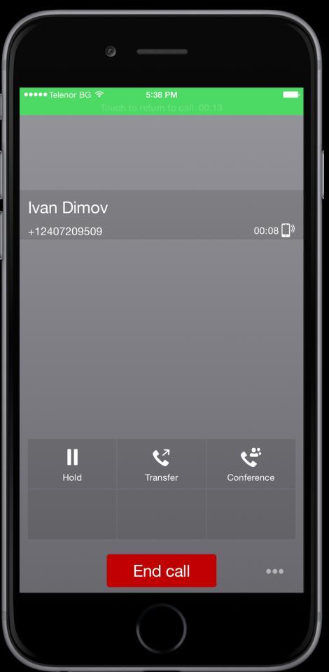 Figure 5 Call Started After initiating a Call Back call or after receiving a business circuit-switched call, the user can return to the main screen and launch Communicator to the foreground.